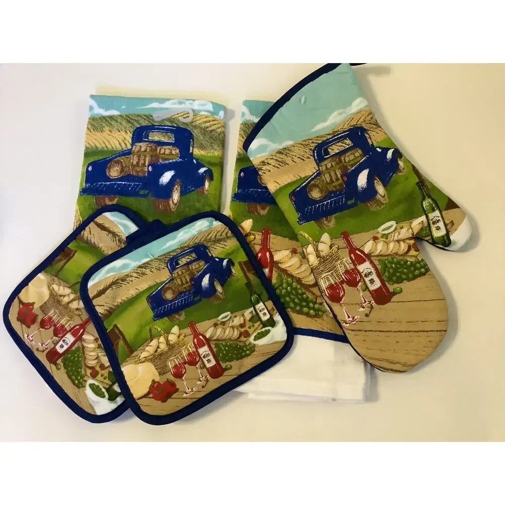 5pc Kitchen Set Truck Wine Country Farmhouse 2 Pot Holders 2 Towels Oven Mitt